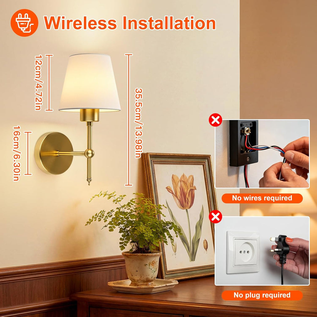 Rechargeable Wall Lights Set of 2, Battery Wall Lights Indoor with Remote, 3 Color Temperature, 8 RGB Colors Dimmable, Wireless Sconce for Bedroom Living Room Hallway, Fabric Shade, Gold