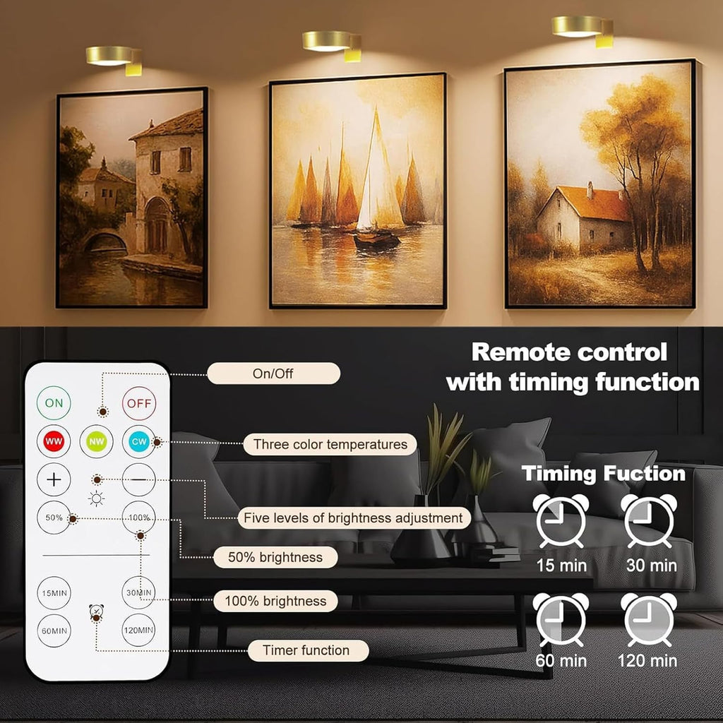 Picture Lights for Wall Rechargeable, 3 Pack Battery Operated Wall Lights with Remote Control, 3 Colour Dimmable Magnetic Picture Light with Timer, Indirect Wall Lighting for Display Art Paintings