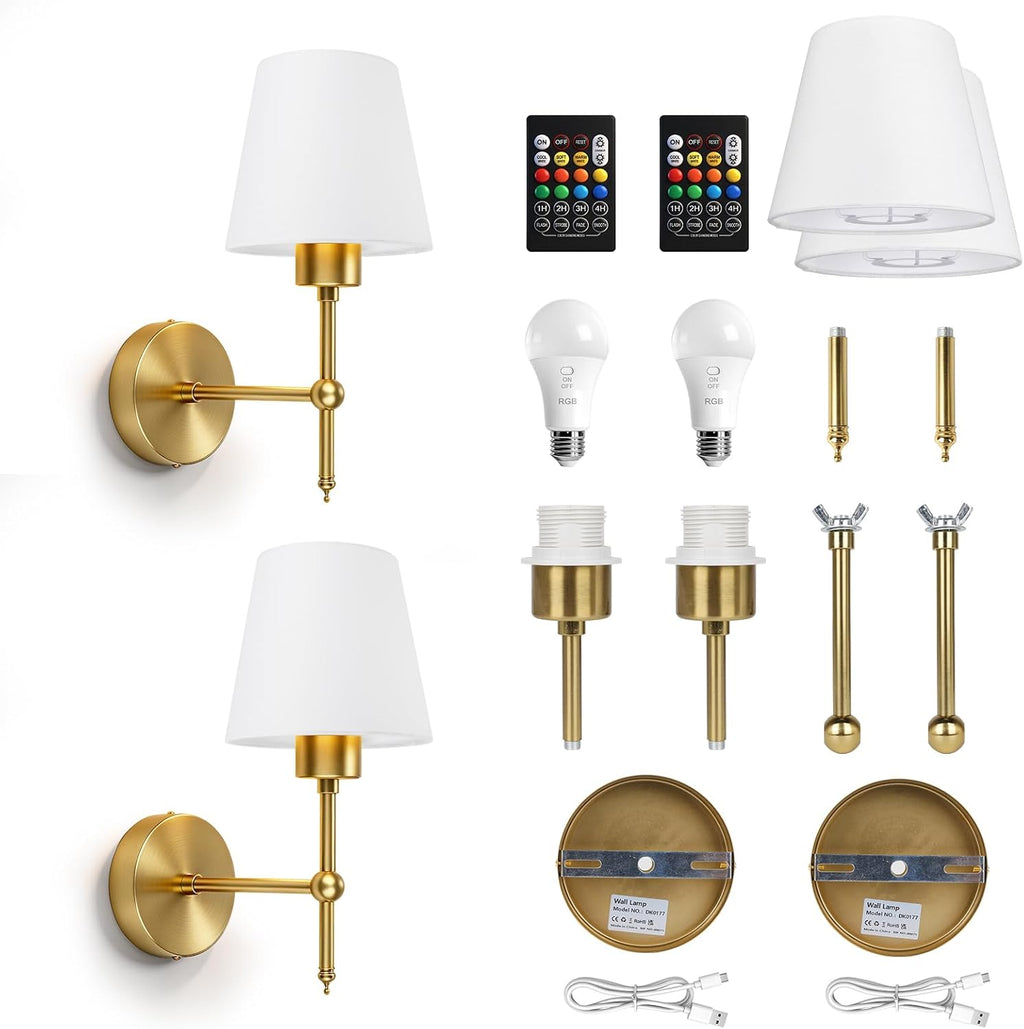 Rechargeable Wall Lights Set of 2, Battery Wall Lights Indoor with Remote, 3 Color Temperature, 8 RGB Colors Dimmable, Wireless Sconce for Bedroom Living Room Hallway, Fabric Shade, Gold