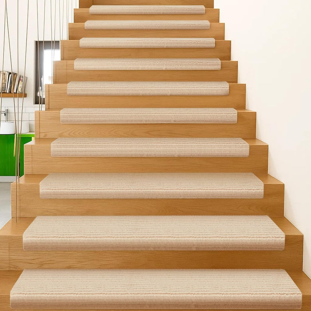 15 PCS Self-Adhesive Stair Treads for Carpet Steps - Non-Slip Stair Mats, Fabric Reusable Anti-Slip Stair Pads for Home Pets & Elders (Beige, 60X23Cm)
