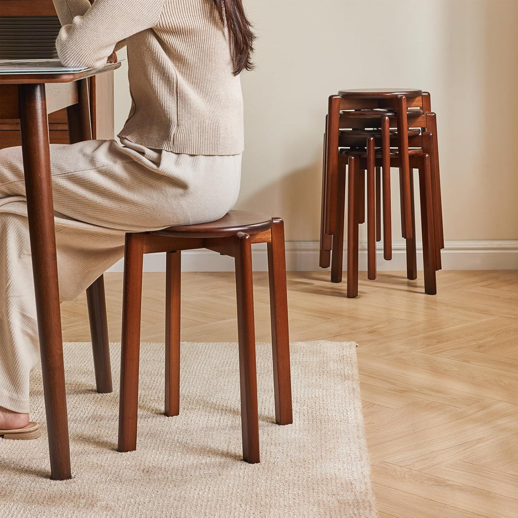 4Pcs Solid Stackable Wood round Stool, Shoes Change Dressing Stool for Living Room, Dining Room, Kitchen, Classroom, 27×27×45CM Brown HBD026H-4
