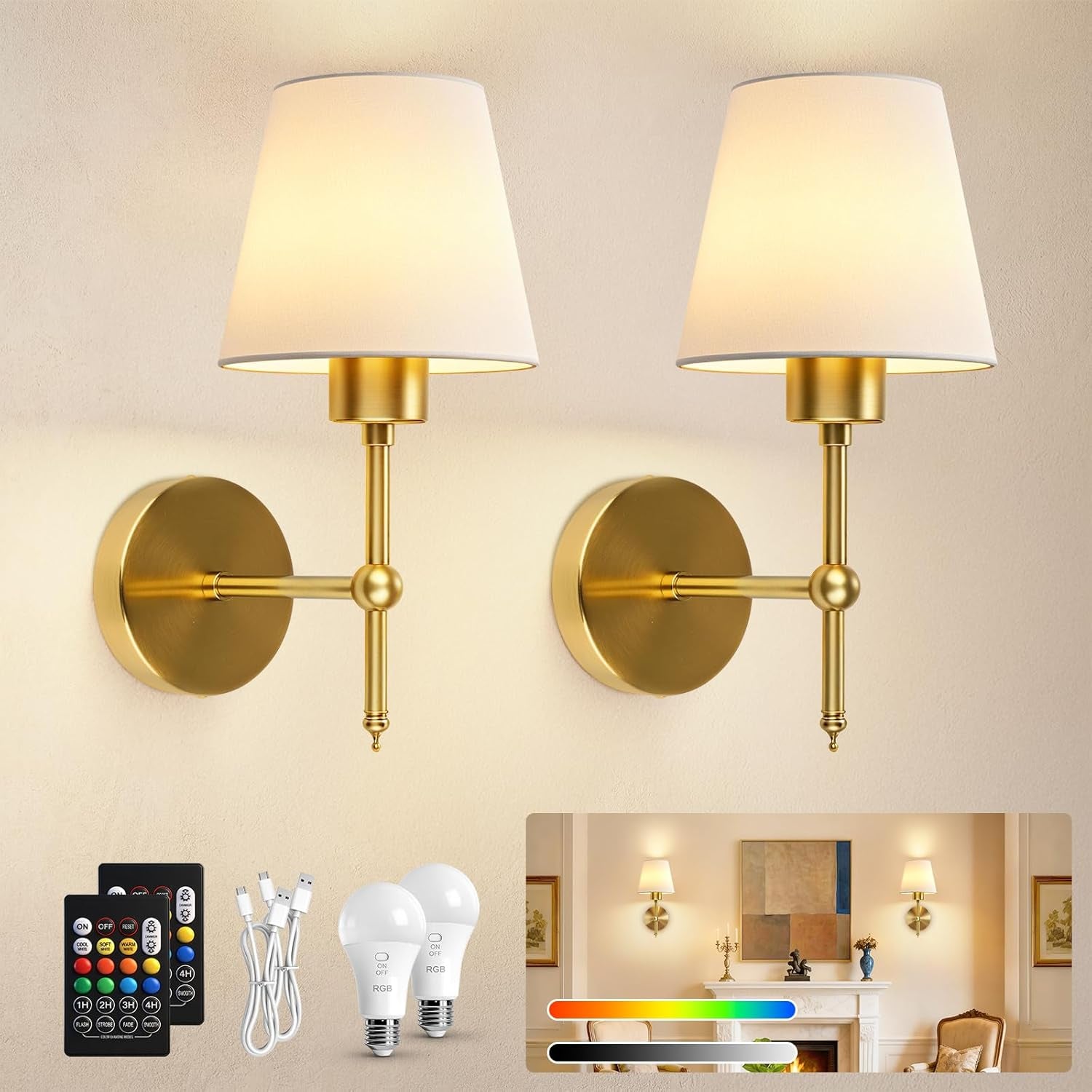 Rechargeable Wall Lights Set of 2, Battery Wall Lights Indoor with Remote, 3 Color Temperature, 8 RGB Colors Dimmable, Wireless Sconce for Bedroom Living Room Hallway, Fabric Shade, Gold