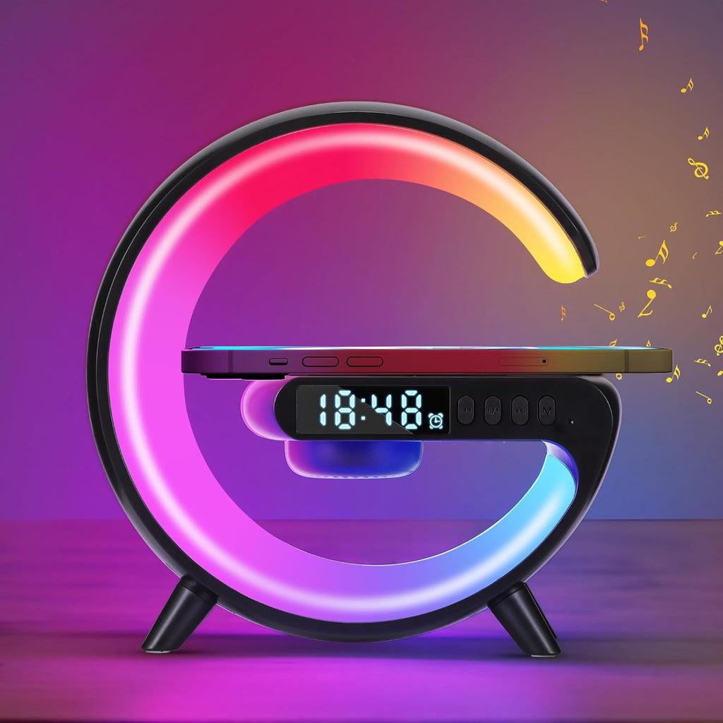 Led Wireless Charger Lamp, G Shaped Lamp Phone Charger Bluetooth Speaker with 10 Lighting Modes and 5W Wireless Fast Charging, Dimmable Bedside Lamps and Alarm Clock, Gifts for Boys Girls
