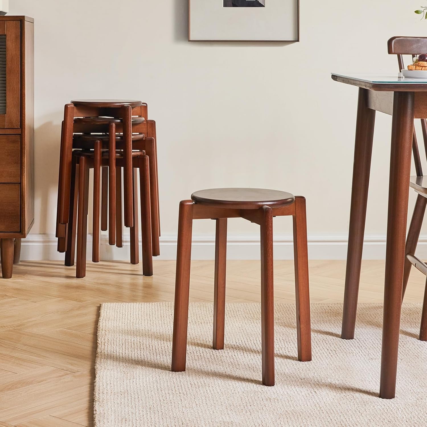 4Pcs Solid Stackable Wood round Stool, Shoes Change Dressing Stool for Living Room, Dining Room, Kitchen, Classroom, 27×27×45CM Brown HBD026H-4