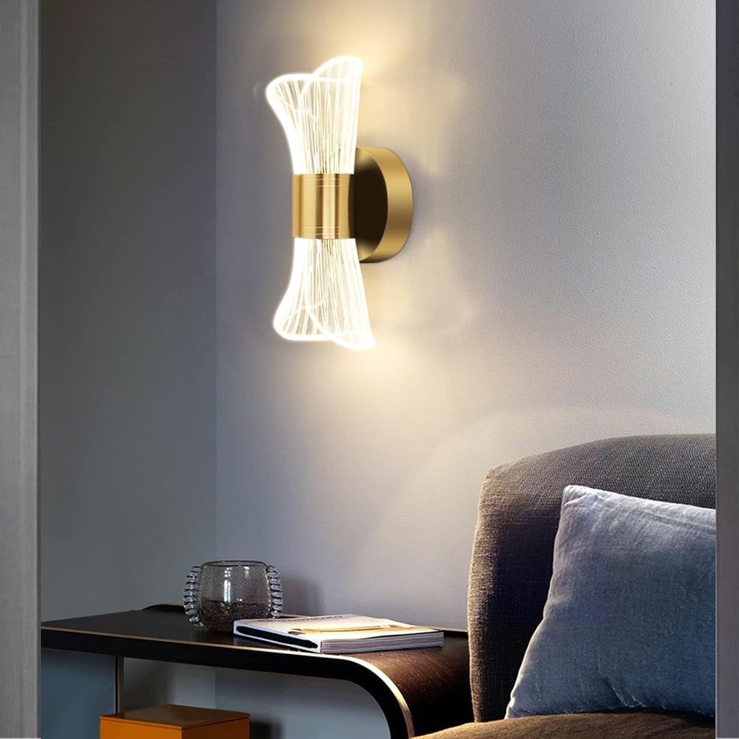 Modern LED Wall Lamp, Golden Color Hourglass Shaped Acrylic Wall Sconce, 10W Acrylic Wall Light for Bedside Bedroom Living Room Hallway Wall Lighting 3 Color Temp Adjustable