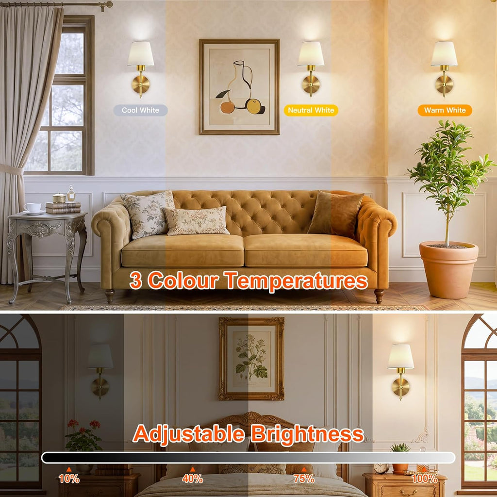 Rechargeable Wall Lights Set of 2, Battery Wall Lights Indoor with Remote, 3 Color Temperature, 8 RGB Colors Dimmable, Wireless Sconce for Bedroom Living Room Hallway, Fabric Shade, Gold