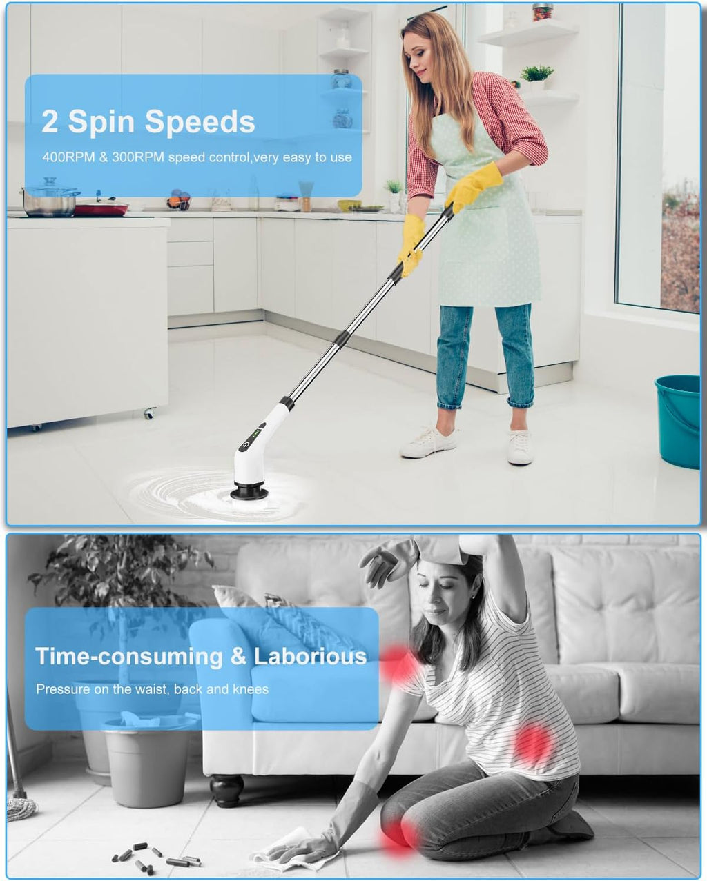 Electric Spin Scrubber, Cordless Cleaning Brush with 8 Replaceable Brush Heads, Extendable Long Handle Bathroom Cleaning Scrubber, 300/400RPM Spin Scrubber for Bathroom Kitchen Floor Tile