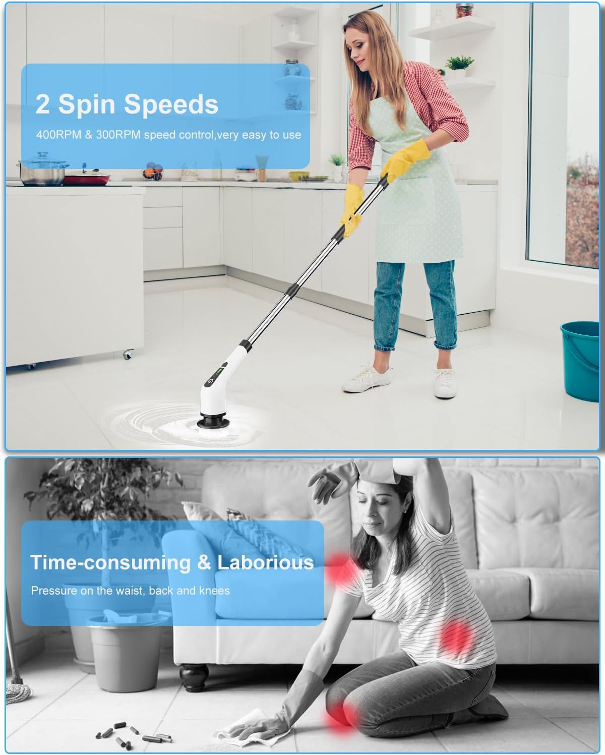Electric Spin Scrubber, Cordless Cleaning Brush with 8 Replaceable Brush Heads, Extendable Long Handle Bathroom Cleaning Scrubber, 300/400RPM Spin Scrubber for Bathroom Kitchen Floor Tile