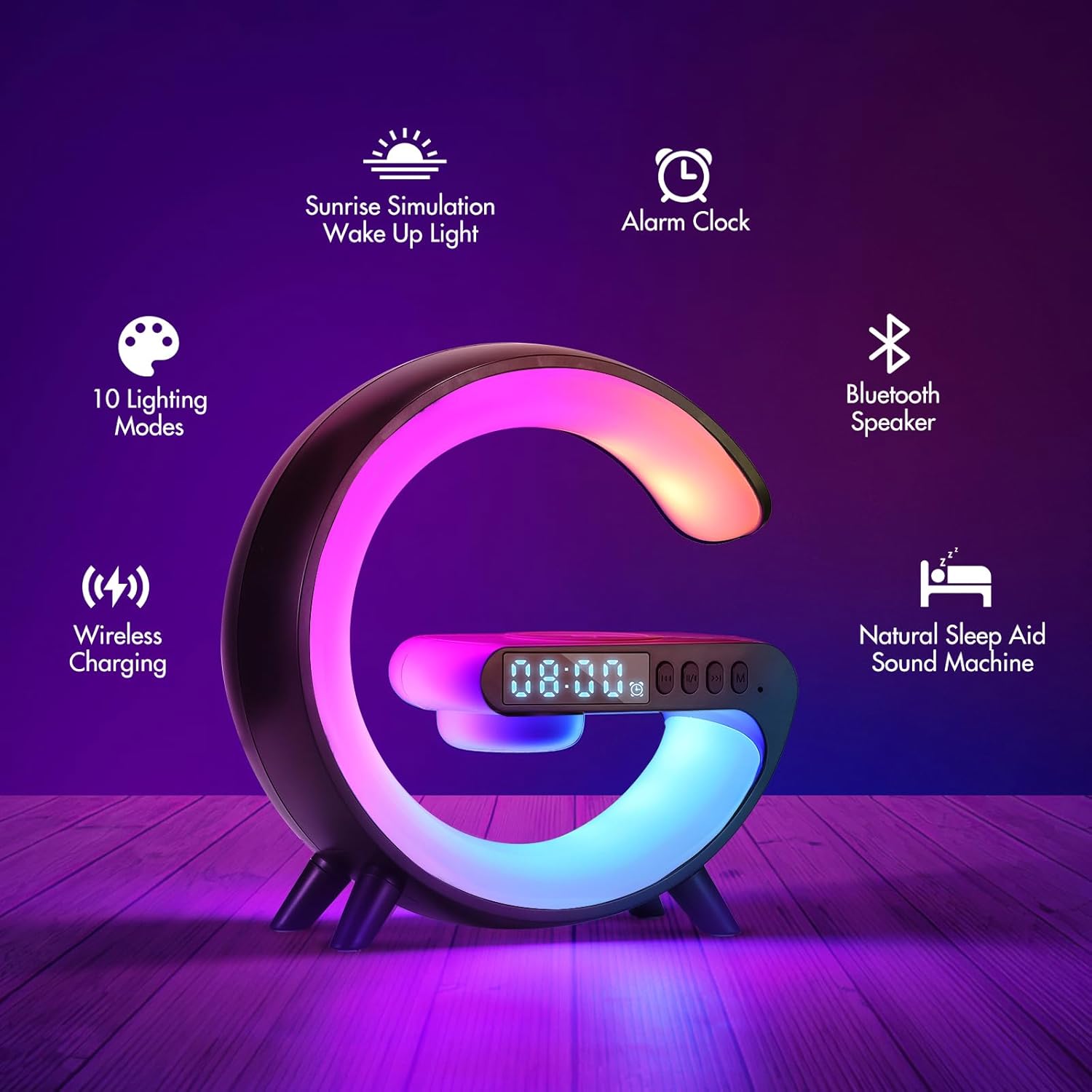 Led Wireless Charger Lamp, G Shaped Lamp Phone Charger Bluetooth Speaker with 10 Lighting Modes and 5W Wireless Fast Charging, Dimmable Bedside Lamps and Alarm Clock, Gifts for Boys Girls