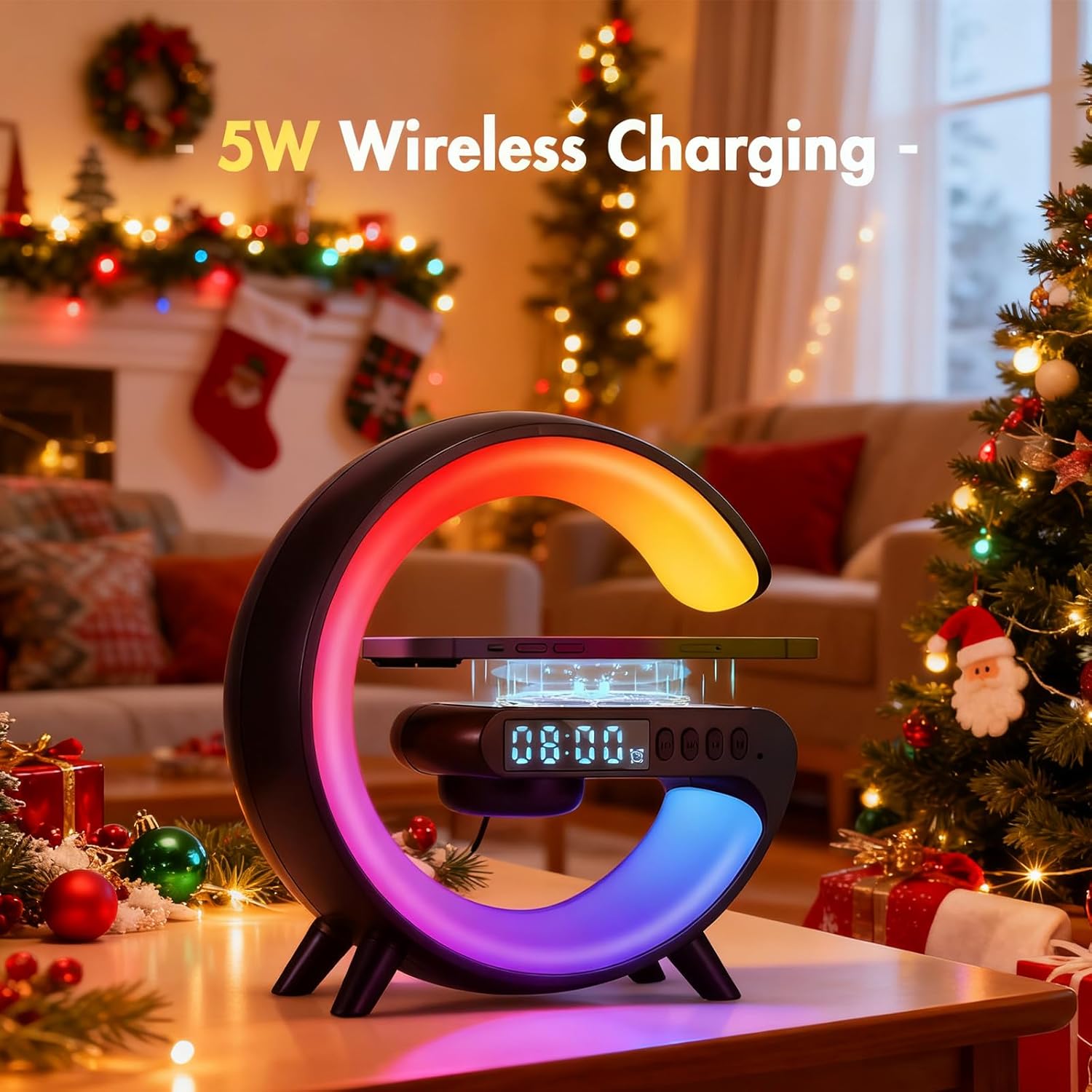Led Wireless Charger Lamp, G Shaped Lamp Phone Charger Bluetooth Speaker with 10 Lighting Modes and 5W Wireless Fast Charging, Dimmable Bedside Lamps and Alarm Clock, Gifts for Boys Girls