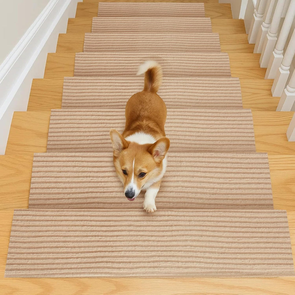 15 PCS Self-Adhesive Stair Treads for Carpet Steps - Non-Slip Stair Mats, Fabric Reusable Anti-Slip Stair Pads for Home Pets & Elders (Beige, 60X23Cm)