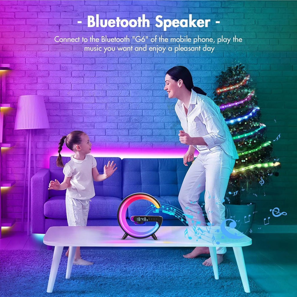 Led Wireless Charger Lamp, G Shaped Lamp Phone Charger Bluetooth Speaker with 10 Lighting Modes and 5W Wireless Fast Charging, Dimmable Bedside Lamps and Alarm Clock, Gifts for Boys Girls