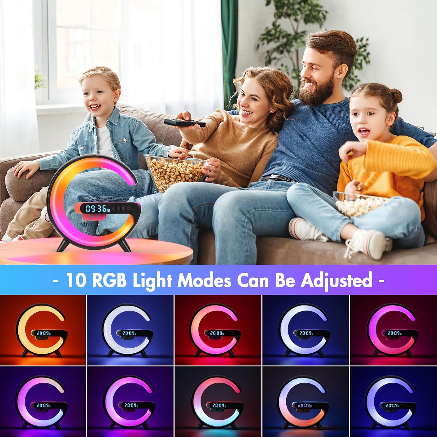 Led Wireless Charger Lamp, G Shaped Lamp Phone Charger Bluetooth Speaker with 10 Lighting Modes and 5W Wireless Fast Charging, Dimmable Bedside Lamps and Alarm Clock, Gifts for Boys Girls