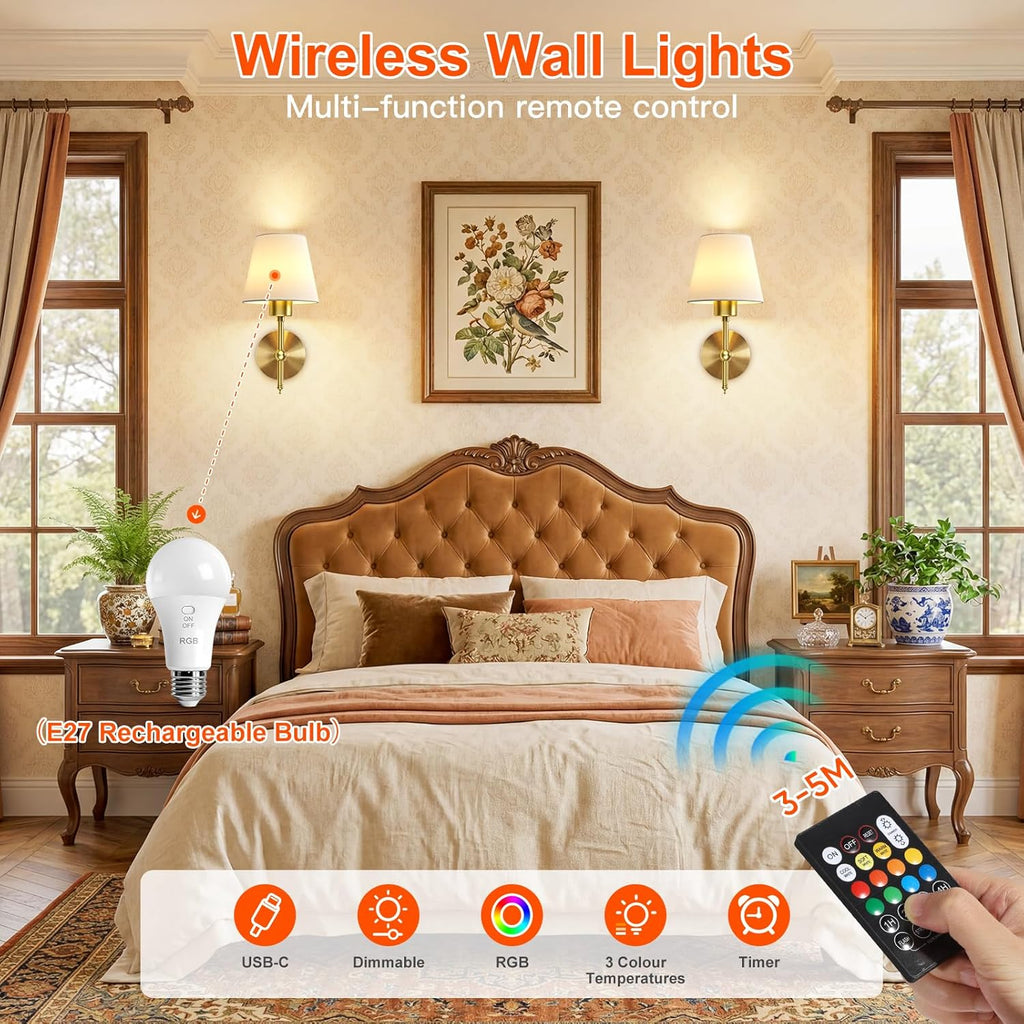 Rechargeable Wall Lights Set of 2, Battery Wall Lights Indoor with Remote, 3 Color Temperature, 8 RGB Colors Dimmable, Wireless Sconce for Bedroom Living Room Hallway, Fabric Shade, Gold