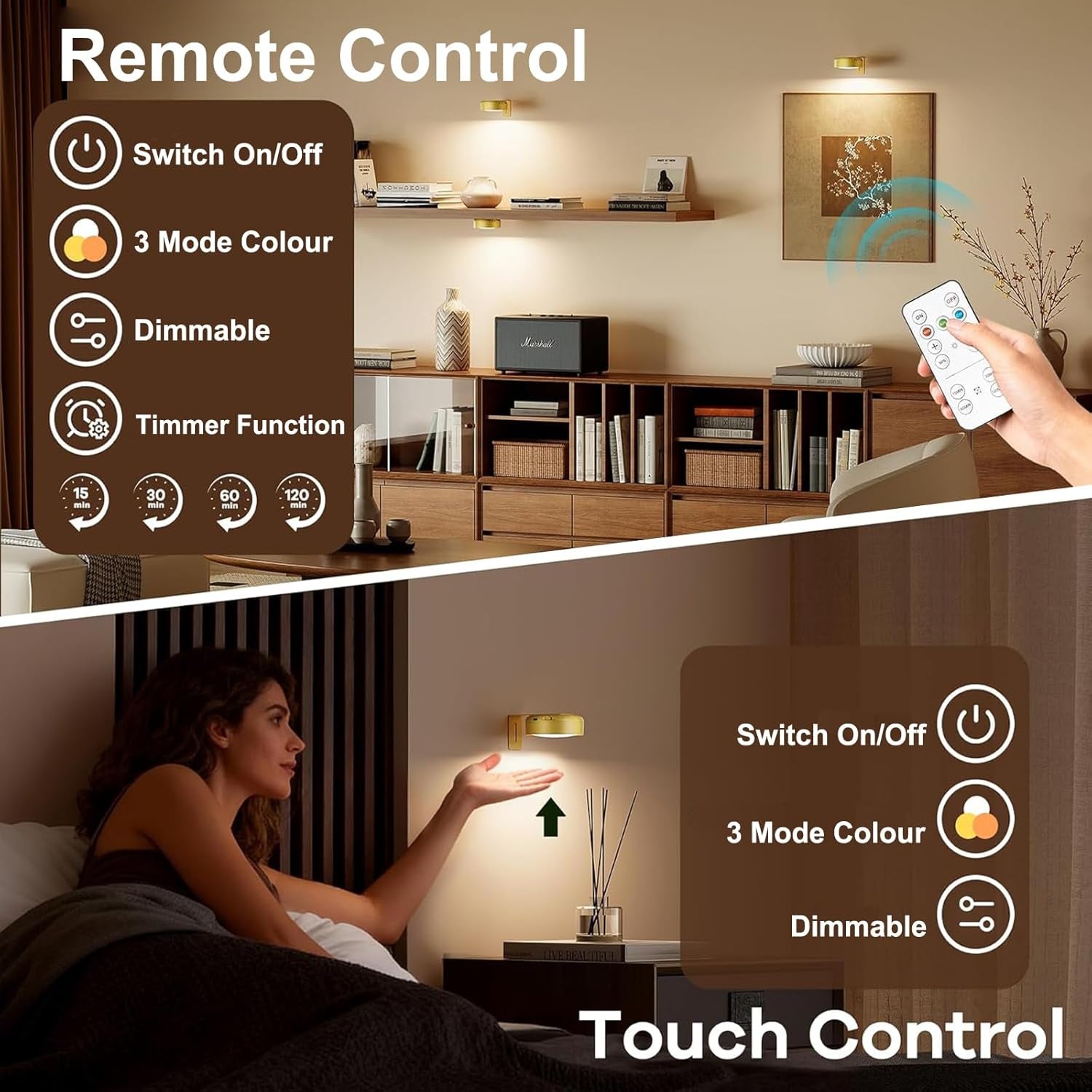 Picture Lights for Wall Rechargeable, 3 Pack Battery Operated Wall Lights with Remote Control, 3 Colour Dimmable Magnetic Picture Light with Timer, Indirect Wall Lighting for Display Art Paintings