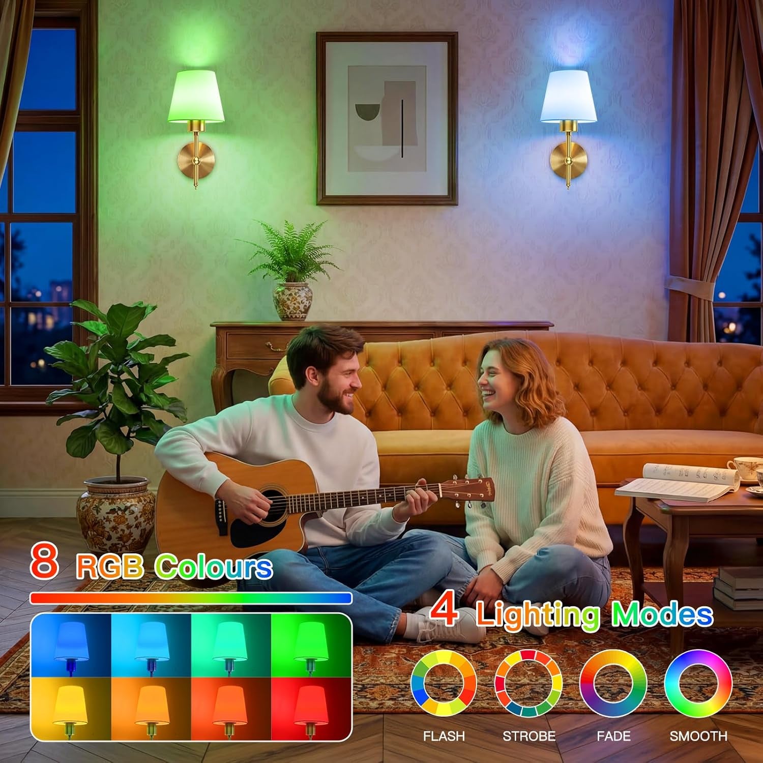 Rechargeable Wall Lights Set of 2, Battery Wall Lights Indoor with Remote, 3 Color Temperature, 8 RGB Colors Dimmable, Wireless Sconce for Bedroom Living Room Hallway, Fabric Shade, Gold