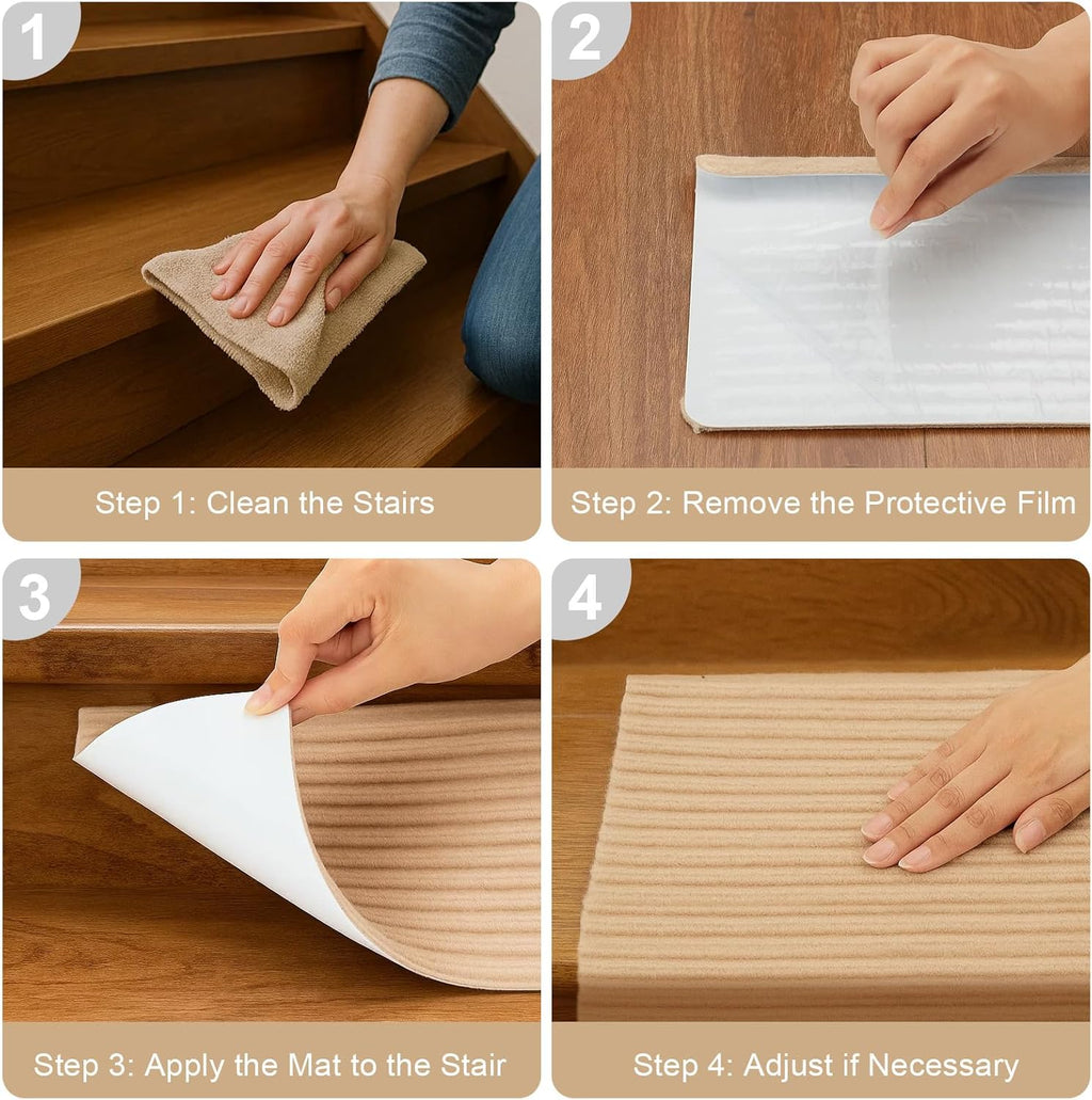 15 PCS Self-Adhesive Stair Treads for Carpet Steps - Non-Slip Stair Mats, Fabric Reusable Anti-Slip Stair Pads for Home Pets & Elders (Beige, 60X23Cm)