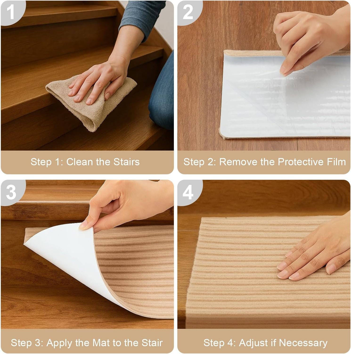 15 PCS Self-Adhesive Stair Treads for Carpet Steps - Non-Slip Stair Mats, Fabric Reusable Anti-Slip Stair Pads for Home Pets & Elders (Beige, 60X23Cm)