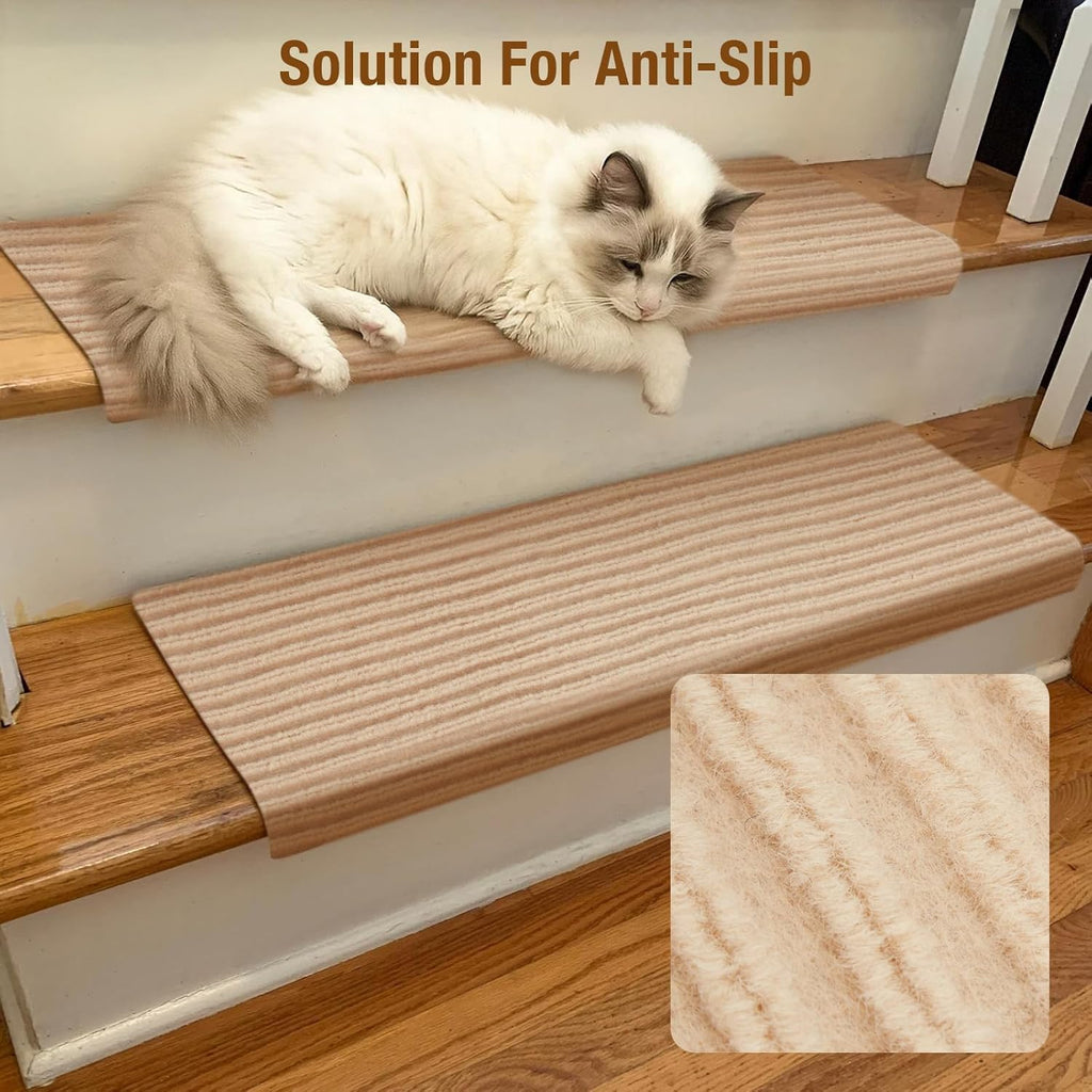 15 PCS Self-Adhesive Stair Treads for Carpet Steps - Non-Slip Stair Mats, Fabric Reusable Anti-Slip Stair Pads for Home Pets & Elders (Beige, 60X23Cm)